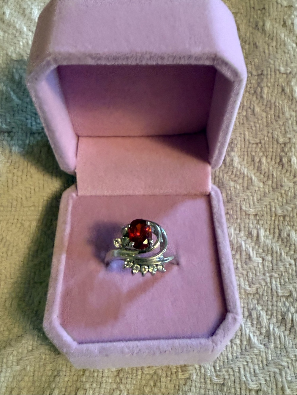 Silvertone Red Rhinestone Garnet Swirl Ring